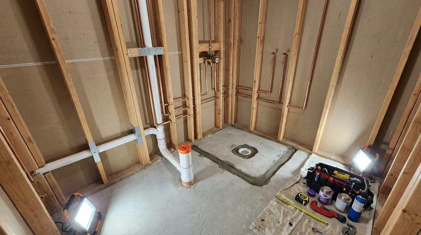 Bathroom rough-in plumbing during remodel by Johns Plumbing LLC in Wayland