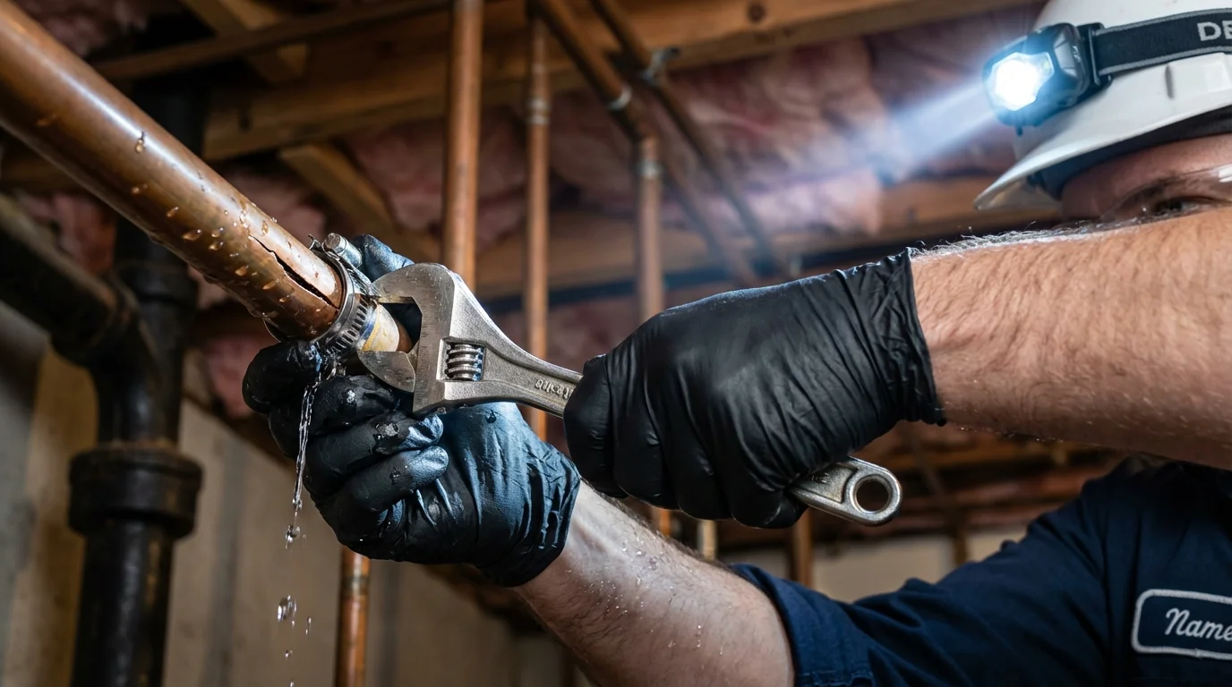 Emergency pipe clamp repair being performed by a Johns Plumbing LLC plumber in Wayland