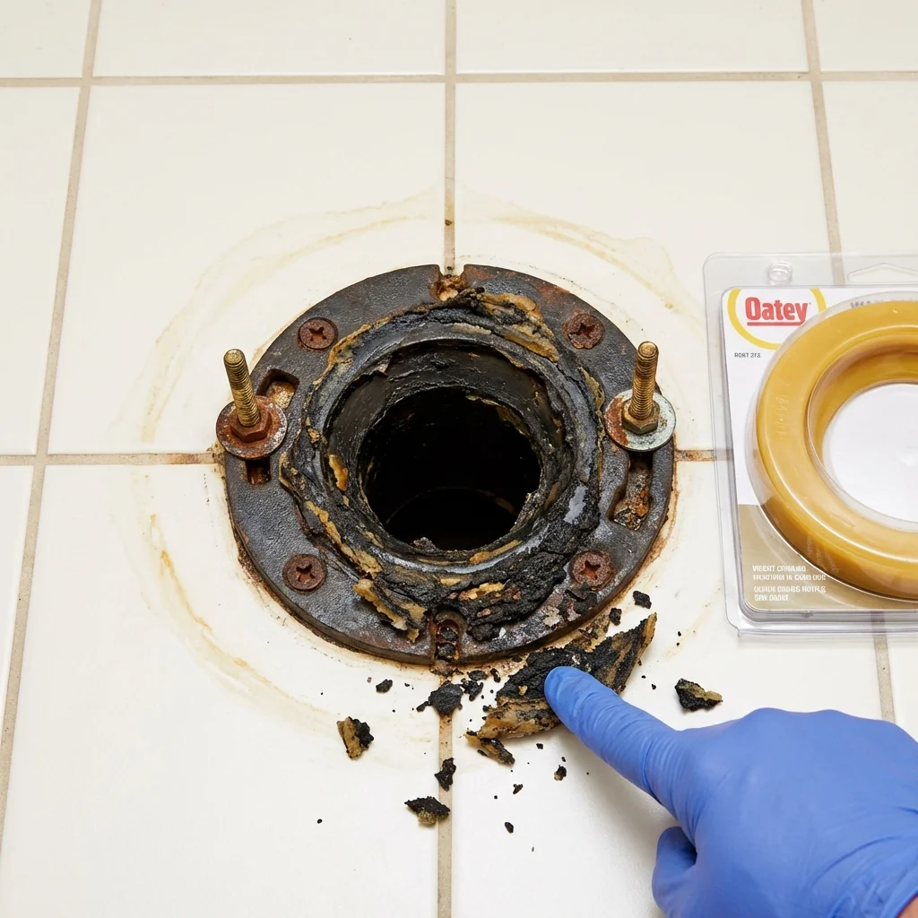 Failed wax ring showing water seepage at the base of a toilet in a Wayland, MI home